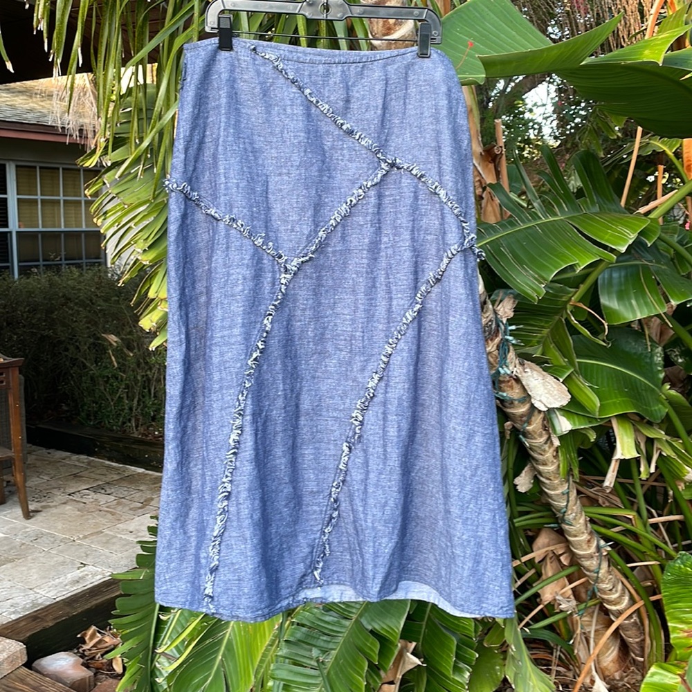 Tribal linen blend patchwork denim look skirt
